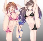  3girls :d armpits bikini blue_bikini bow breasts brown_eyes brown_hair gradient gradient_background gradient_hair grey_background hair_bow hair_ornament hair_scrunchie halterneck head_tilt highres idolmaster idolmaster_(classic) idolmaster_cinderella_girls idolmaster_shiny_colors irohakaede kisaragi_chihaya large_breasts leg_up long_hair looking_at_viewer multicolored_hair multiple_girls navel open_mouth ponytail purple_hair red_bikini scrunchie shaded_face small_breasts smile split standing standing_on_one_leg standing_split striped striped_bikini swimsuit totoki_airi trembling tsukioka_kogane twintails v 