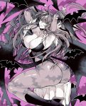  1girl animal_print bat bat_background bat_print bat_wings boots breasts cleavage clothing_cutout commentary_request demon_girl fang head_wings heart_cutout high_heel_boots high_heels highres large_breasts leotard long_hair looking_at_viewer looking_back low_wings monochrome morrigan_aensland pantyhose print_legwear sitting solo succubus takatsuki_ichi vampire_(game) wings 