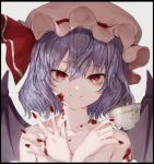  1girl bat_wings blood blood_on_face bloody_hands bow closed_mouth collarbone commentary_request cup eyebrows_visible_through_hair fingernails hair_between_eyes happiness_lilys hat hat_bow hat_ribbon holding holding_cup looking_at_viewer mob_cap nude pink_headwear purple_hair red_bow red_eyes red_nails red_ribbon remilia_scarlet ribbon sharp_fingernails short_hair simple_background slit_pupils smile solo symbol_commentary teacup touhou upper_body white_background wings x_arms 