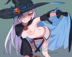  1girl alternate_costume bandages beijuu bent_over black_footwear black_gloves black_headwear blush boots breasts closed_mouth detached_sleeves girls_frontline gloves halloween hat hat_ribbon licking_lips long_hair looking_at_viewer medium_breasts nipples red_eyes ribbon silver_hair smile solo standing tokarev_(girls_frontline) tongue tongue_out witch_hat 