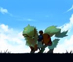 1boy arcanine closed_eyes cloud commentary_request day fur gen_1_pokemon grass jacket male_focus nate_(pokemon) open_mouth outdoors petting pokemon pokemon_(creature) pokemon_(game) pokemon_bw2 sekka_koyori shoes short_sleeves sky smile standing 