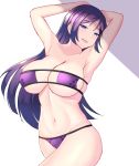  1girl :d absurdres arms_behind_head bikini breasts eyebrows eyebrows_visible_through_hair eyepatch_bikini fate/grand_order fate_(series) highres jifuwabe large_breasts mature minamoto_no_raikou_(fate/grand_order) minamoto_no_raikou_(swimsuit_lancer)_(fate) naughty_face open_mouth pinup_(style) purple_bikini purple_eyes purple_hair shadow smile swimsuit thighs 