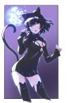  1girl black_hair black_legwear blake_belladonna bow cat_tail cleavage_cutout clothing_cutout dress hair_bow highres iesupa paw_print rwby tail thighhighs turtleneck_dress yellow_eyes 