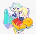  +_+ 2girls arm_cannon blonde_hair blue_eyes denaseey domino_mask earrings eyebrows_visible_through_hair eyeshadow food food_on_head grey_hair hair_over_one_eye half-closed_eyes hotaru_(splatoon) jewelry long_hair looking_at_viewer makeup mask medium_hair metroid mole mole_under_mouth multiple_girls object_on_head pointy_ears ponytail power_armor samus_aran simple_background sitting sitting_on_person sitting_on_shoulder smile splatoon_(series) upper_body varia_suit weapon white_background yellow_eyes 