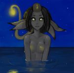  anglerfish anglerfish_humanoid bioluminescence black_hair breasts collarbone female fish glowing grey_body grey_skin hair hi_res humanoid looking_at_viewer marine night nipples nude partially_submerged small_breasts smile solo star syvaron yellow_eyes 