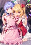  2girls arms_up bangs bat_wings biting blonde_hair blood blood_sucking bloody_clothes blue_hair blurry blurry_background brooch collarbone commentary_request cross curtains depth_of_field eyebrows_visible_through_hair fang fang_out fingernails flandre_scarlet gunjou_row hair_ribbon hand_on_another&#039;s_shoulder highres holding_hands jewelry kneeling looking_at_viewer looking_down multiple_girls nail_polish no_headwear off-shoulder_shirt off_shoulder on_bed one_side_up parted_lips partial_commentary pink_shirt pink_skirt pink_wings pointy_ears puffy_short_sleeves puffy_sleeves red_eyes red_nails red_skirt red_vest remilia_scarlet ribbon sash sharp_fingernails shirt short_hair short_sleeves siblings sisters skirt slit_pupils sweatdrop touhou twitter_username vampire vest white_shirt window wings 