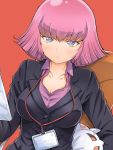  1girl arasa_ol_haman-sama blue_eyes breasts cleavage close-up cropped eyebrows_visible_through_hair gundam haman_karn highres iwasaki_masakazu large_breasts looking_up name_tag office_lady official_art orange_background pink_hair qubeley sitting solo stuffed_toy 