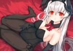  1girl alternate_costume black_gloves black_legwear bow breasts detached_collar dragon_girl dragon_horns elbow_gloves fate/grand_order fate_(series) fishnet_legwear fishnets gloves grey_hair hair_bow horns kiyohime_(fate/grand_order) large_breasts long_hair morizono_shiki multiple_horns no_shoes pantyhose playboy_bunny ponytail red_eyes solo thighhighs 