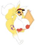  anthro areola big_breasts blue_eyes breasts digimon digimon_(species) female hi_res huge_breasts opqhlak pasties pizza_box renamon simple_background solo white_background yellow_body 