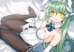  1girl alternate_costume black_legwear bow breasts detached_collar dragon_girl dragon_horns elbow_gloves fate/grand_order fate_(series) fishnet_legwear fishnets gloves green_hair hair_bow horns kiyohime_(fate/grand_order) large_breasts long_hair morizono_shiki multiple_horns no_shoes pantyhose playboy_bunny ponytail solo thighhighs white_gloves yellow_eyes 
