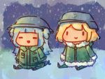  :d =_= blonde_hair blue_hair chibi commentary english_commentary gawr_gura green_jacket green_pants helmet highres hololive hololive_english jacket kirbym military military_uniform open_mouth outdoors pants parody shoujo_shuumatsu_ryokou sitting smile snow snowing uniform watson_amelia |_| 