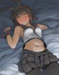  1girl adapted_costume animal_ears blush breasts brown_hair bunny_ears crop_top ergot fake_animal_ears fubuki_(kantai_collection) green_eyes kantai_collection lying medium_breasts medium_hair navel on_back on_bed pantyhose parted_lips short_ponytail sidelocks sleeveless smile solo wrist_cuffs 