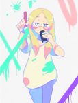  1girl blonde_hair blue_pants bright_pupils cowboy_shot denaseey drinking dripping grey_eyes half-closed_eyes highres long_hair mina_(pokemon) monster_energy oversized_clothes oversized_shirt paint_on_face paint_stains paintbrush painting pants pokemon pokemon_(game) pokemon_sm shirt short_sleeves solo 