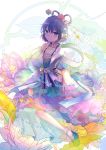  1girl blue_dress blue_eyes blue_footwear blue_hair breasts chisel closed_mouth collarbone commentary_request dress floral_background flower hagoromo hair_flower hair_ornament hair_rings hair_stick holding holding_stick jewelry kaku_seiga kazu_(muchuukai) long_sleeves looking_at_viewer medium_breasts necklace pink_flower ribbon see-through shawl short_hair smile solo stick touhou vest white_background white_vest wide_sleeves yellow_ribbon 