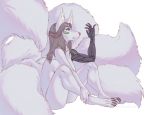  android anthro big_ears blue_eyes broken_finger canid canine claws cybernetics cyborg female fox fur kashikomishotta machine mammal multi_tail nude robot simple_background solo toe_claws white_body white_fur 
