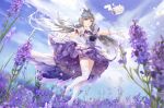  1girl absurdres blush breasts cloud dress floating_hair flower gloves green_eyes grey_hair hair_rings highres lattesong long_hair luo_tianyi open_mouth sky smile thighhighs twintails very_long_hair vocaloid vsinger white_legwear 