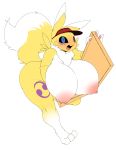  absurd_res anthro areola big_breasts blue_eyes breasts digimon digimon_(species) female hi_res huge_breasts nipples opqhlak pizza_box renamon simple_background solo white_background yellow_body 