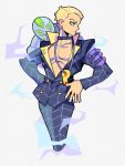  1boy black_jacket black_pants blonde_hair blue_eyes choker cropped_legs denaseey green_sclera highres jacket jewelry jojo_no_kimyou_na_bouken necklace pants profile prosciutto short_hair simple_background solo the_grateful_dead_(stand) vento_aureo white_background yellow_eyes 