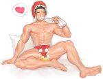  1boy abs bara blush boxer_dansi briefs bulge chest food food_on_body food_on_breasts food_on_face full_body gift_bag hat heart male_focus muscle navel nipples original santa_hat sexually_suggestive short_hair sideburns smile solo spoken_heart spread_legs thick_thighs thighs underwear underwear_only 