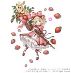  1girl blonde_hair bow crossover dress drill_hair food frilled_dress frills fruit full_body gothic_lolita green_eyes hair_bow highres hina_ichigo holding holding_staff ji_no lolita_fashion looking_at_viewer official_art pink_dress rozen_maiden sinoalice solo square_enix staff strawberry stuffed_animal stuffed_toy white_background 