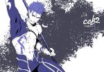  1boy abs arm_up blue_theme bracelet crescent_necklace cu_chulainn_(fate)_(all) cu_chulainn_(fate/grand_order) detached_sleeves earrings fate/grand_order fate/stay_night fate_(series) gae_bolg grin holding holding_weapon jawaco jewelry lancer leaf looking_at_viewer male_focus muscle navel necklace shirtless short_hair skin_tight smile solo strap type-moon weapon 