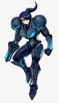  1girl alternate_hair_color arm_cannon black_hair blue_eyes dark_samus denaseey eyeshadow full_body hair_over_one_eye half-closed_eyes highres makeup metroid mole mole_under_mouth ponytail power_armor samus_aran simple_background solo weapon white_background 