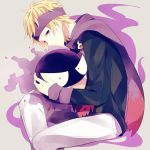  1boy achiki black_sweater blonde_hair closed_mouth commentary_request gastly gen_1_pokemon headband highres holding holding_pokemon long_sleeves looking_at_viewer male_focus morty_(pokemon) pants pokemon pokemon_(creature) pokemon_(game) pokemon_hgss purple_eyes purple_headband purple_scarf ribbed_sweater scarf sitting sweater white_pants 