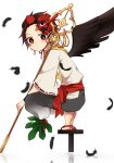  1boy black_feathers black_footwear black_pants black_wings brown_hair closed_mouth commentary_request earrings facial_scar feathered_wings feathers forehead_scar full_body geta hat highres holding jewelry kamado_tanjirou kimetsu_no_yaiba long_sleeves looking_at_viewer looking_to_the_side male_focus mask mask_on_head mini_hat pants red_eyes red_headwear reflection ribbon-trimmed_sleeves ribbon_trim ripples scar shitada simple_background solo squatting tengu-geta tengu_mask tokin_hat white_background wide_sleeves wings 