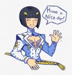  1boy arm_up bangs black_hair blunt_bangs blunt_ends blush bob_cut bruno_buccellati cleavage_cutout closed_eyes clothing_cutout denaseey hair_ornament hairclip jojo_no_kimyou_na_bouken long_sleeves parted_lips short_hair simple_background smile solo speech_bubble upper_body vento_aureo waving_arms white_background zipper 