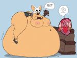  2018 amy_rose anthro areola belly big_belly big_breasts blue_background breasts butt cake chiropteran duo english_text eulipotyphlan female food hedgehog hi_res hyper hyper_belly mammal overweight rouge_the_bat simple_background sonic_the_hedgehog_(series) speech_bubble stuffing text thick_thighs vore zildtek 