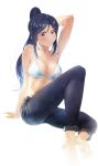  1girl alternate_costume arm_behind_head arm_support barefoot blue_hair blush breasts denim highres jeans knee_up large_breasts long_hair looking_at_viewer love_live! love_live!_school_idol_project love_live!_sunshine!! matsuura_kanan pants ponytail purple_eyes redame smile solo white_background 