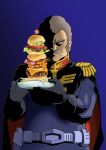  1boy brown_hair food gundam hamburger highres holding holding_tray looking_at_viewer mobile_suit_gundam official_art one_eye_covered promotional_art ral_meshi:_ramba_ral_no_haitoku_gohan ramba_ral shadow solo tani_kazuya tray uniform zeon 