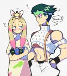  1boy 1girl ? denaseey diamond_wa_kudakenai english_text gen_7_pokemon green_eyes green_hair grey_eyes half-closed_eyes hands_in_pockets jojo_no_kimyou_na_bouken kishibe_rohan long_hair loose_clothes loose_shirt midriff mina_(pokemon) monster_energy navel outline paint pokemon pokemon_(game) pokemon_sm red_bull ribombee shirt short_hair short_sleeves simple_background suspenders thought_bubble upper_body white_background white_outline 