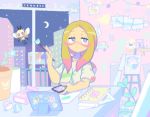  1girl blonde_hair blue_eyes blue_flower building crescent_moon denaseey facepaint flower gen_7_pokemon holding holding_phone indoors leaf long_hair mina_(pokemon) moon paint_stains phone plant poke_ball pokemon pokemon_(game) pokemon_sm potted_plant ribombee shelf sitting solo upper_body window 