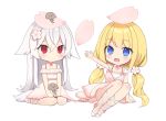  2girls blonde_hair blue_eyes chibi dress long_hair original petals pointed_ears red_eyes rimo twintails white white_hair 