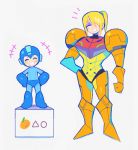  1boy 1girl blonde_hair blush box closed_eyes denaseey eyebrows_visible_through_hair hair_over_one_eye height_difference highres metroid open_mouth ponytail rockman rockman_(character) rockman_(classic) samus_aran simple_background smile standing standing_on_object white_background 