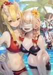  1boy 4girls :d absurdres arm_around_waist bandages bandages_over_eyes beach bikini black_bikini blonde_hair bow braid breasts closed_mouth cloud cloudy_sky covered_eyes day drinking_straw evil_(okame_nin) fewer_digits hair_bow highres holding holding_innertube huge_filesize iga_(okame_nin) innertube kuda_(okame_nin) large_breasts long_hair medium_breasts multiple_girls navel neck_scar ocean okame_nin open_mouth original outdoors pale_skin palm_tree pointy_ears ponytail red_bikini red_bow red_eyes saashisu_(okame_nin) sky smile spiked_horns surgical_scar swimsuit tentacles tree twin_braids wading 
