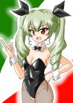  1girl absurdres anchovy_(girls_und_panzer) bangs black_legwear black_leotard black_ribbon bow bowtie breasts cleavage collar commentary cowboy_shot dated detached_collar drill_hair drops_mint eyebrows_visible_through_hair fishnet_legwear fishnets girls_und_panzer green_background green_hair hair_ribbon hand_on_hip highres index_finger_raised leotard long_hair looking_at_viewer medium_breasts multicolored multicolored_background open_mouth outline pantyhose playboy_bunny red_background red_eyes ribbon side-tie_leotard smile solo standing strapless strapless_leotard twin_drills twintails twitter_username white_collar white_outline wing_collar wrist_cuffs 