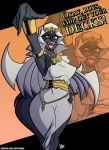  anthro canid canine canis cosplay female gold_(metal) gold_jewelry hand_on_hip hi_res innuendo ishizu_ishtar jackal jewelry konami looking_at_viewer mammal millennium_item necklace nightshade_(kadath) open_mouth sketchybug smile solo text yu-gi-oh 