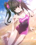  1girl bare_legs beach black_hair bow breasts bubble chromatic_aberration cleavage cloud cloudy_sky competition_swimsuit eyebrows_visible_through_hair hair_bow highres lens_flare lying on_side one-piece_swimsuit outdoors pink_bow pink_swimsuit reclining red_eyes senki_zesshou_symphogear sidelocks sky smile solo swimsuit tanashi_(mk2) tsukuyomi_shirabe twintails 