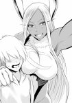  1boy 1girl age_difference animal_ear_fluff animal_ears armpits artist_name bangs blush boku_no_hero_academia breasts bunny_ears commentary_request crescent face_to_breasts faceless faceless_male gloves greyscale grin highleg highleg_leotard highres hip_focus hood hoodie large_breasts leotard long_eyelashes long_hair looking_at_viewer mirko monochrome moon_print muscle muscular_female open_mouth parted_bangs reflective_eyes shibusun slit_pupils smile sweatdrop taking_picture teeth thighs tongue upper_body wavy_mouth 