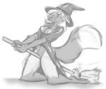  anthro areola breasts broom broom_riding canid canine canis casidhevixen clitoris clothing costume feet female fox genitals hat headgear headwear magic_user mammal monochrome nicnak044 nipples pawpads paws pussy rubber sketch solo tongue tongue_out witch witch_hat 