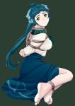  1girl absurdres alternate_costume antenna_hair arms_behind_back barefoot bdsm blue_bow blue_hair blue_skirt bondage bound bound_ankles bound_arms bow breasts closed_mouth feet frown green_eyes grey_background hair_bow highres irako_(kantai_collection) kantai_collection large_breasts long_hair long_sleeves ojipon ponytail rope simple_background skirt solo tied_up 