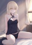  1girl absurdres artoria_pendragon_(all) bangs bare_shoulders black_camisole black_panties blonde_hair blush breasts camisole cleavage collarbone fate/stay_night fate_(series) fuwatoromonta highres long_hair looking_at_viewer medium_breasts panties saber_alter sitting thighs underwear wariza yellow_eyes 