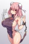  1girl amamiya_(abaros) bandaged_arm bandages bare_shoulders breasts bun_cover chain cowboy_shot cuffs double_bun flower grey_background hair_between_eyes hands_up huge_breasts ibaraki_kasen long_hair looking_at_viewer naked_tabard parted_lips pink_hair red_eyes red_flower red_rose rose shackles simple_background sketch solo standing tabard touhou 