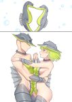  1boy 1girl band-width bubble fins green_eyes green_hair hand_on_another&#039;s_back hand_on_another&#039;s_shoulder highres holding_hands jewelry kiss necklace no_eyes original personification seahorse smile waltz_(dance) 