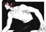  1boy absurdres blood blood_on_face clenched_teeth collarbone devilman fingernails frame fudou_akira greyscale highres male_focus misaq monochrome navel parted_lips shirtless sketch solo spot_color teeth 