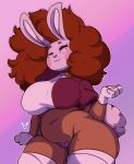  &lt;3 2020 anthro breasts brown_body brown_fur brown_hair clothed clothing collar deedine_(geeflakes) digital_media_(artwork) eyes_closed female freckles fur geeflakes hair heart_nose hi_res lagomorph legwear leporid mammal navel partially_clothed pasties pink_nose rabbit simple_background slightly_chubby solo thick_thighs topwear watermark wide_hips 