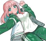  1girl absurdres bang_dream! blue_eyes blush breasts green_jacket green_jumpsuit highres jacket lying maruyama_aya on_back pink_hair seojinhui shirt sketch track_suit white_shirt 