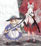  2girls animal_ear_fluff animal_ears apron autumn_leaves black_eyes black_skirt blonde_hair blue_dress blush_stickers breath brown_footwear closed_eyes commentary crossed_arms detached_sleeves dress fairy fairy_wings geta hat height_difference helmet holding holding_shield holding_sword holding_weapon inubashiri_momiji juliet_sleeves long_hair long_sleeves looking_to_the_side multiple_girls open_mouth outdoors pom_pom_(clothes) puffy_sleeves red_footwear red_skirt saber_(weapon) scabbard sheath shield skirt sparkle spread_legs standing sunyup sweatdrop sword tabi tail tengu-geta tokin_hat touhou triangle_mouth two-tone_skirt waist_apron water waterfall weapon white_legwear wings wolf_ears wolf_tail 